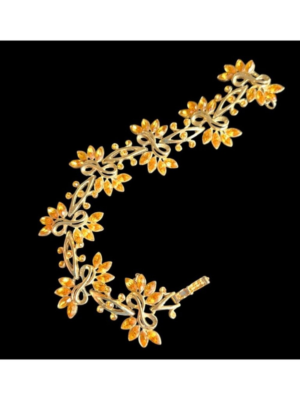 Vintage Ora Gold Tone Bracelet Golden Rhinestones Floral MCM Elegant Jewelry - Picture 3 of 12